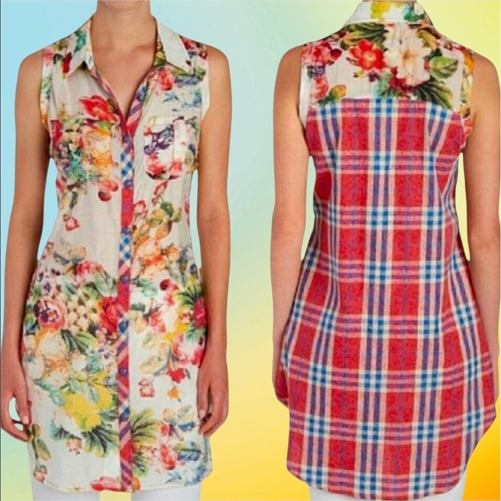 CYRENA Anthropologie Tank Shirt Dress Tunic Viscose Blend Floral Plaid‎ Multi L